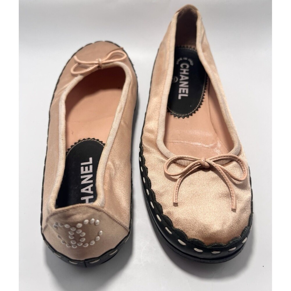 CHANEL Pink Satin Flats with Black Trim
